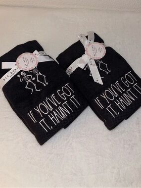 TWO SETS of 2 - Rae Dunn Black Halloween Skeleton Hand Towels - NWT